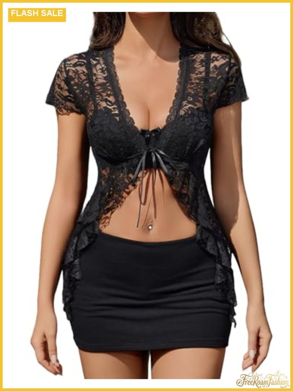 Sheer Lace Shrug Bolero Crop Top Tie Front Y2K Going Out Shirt